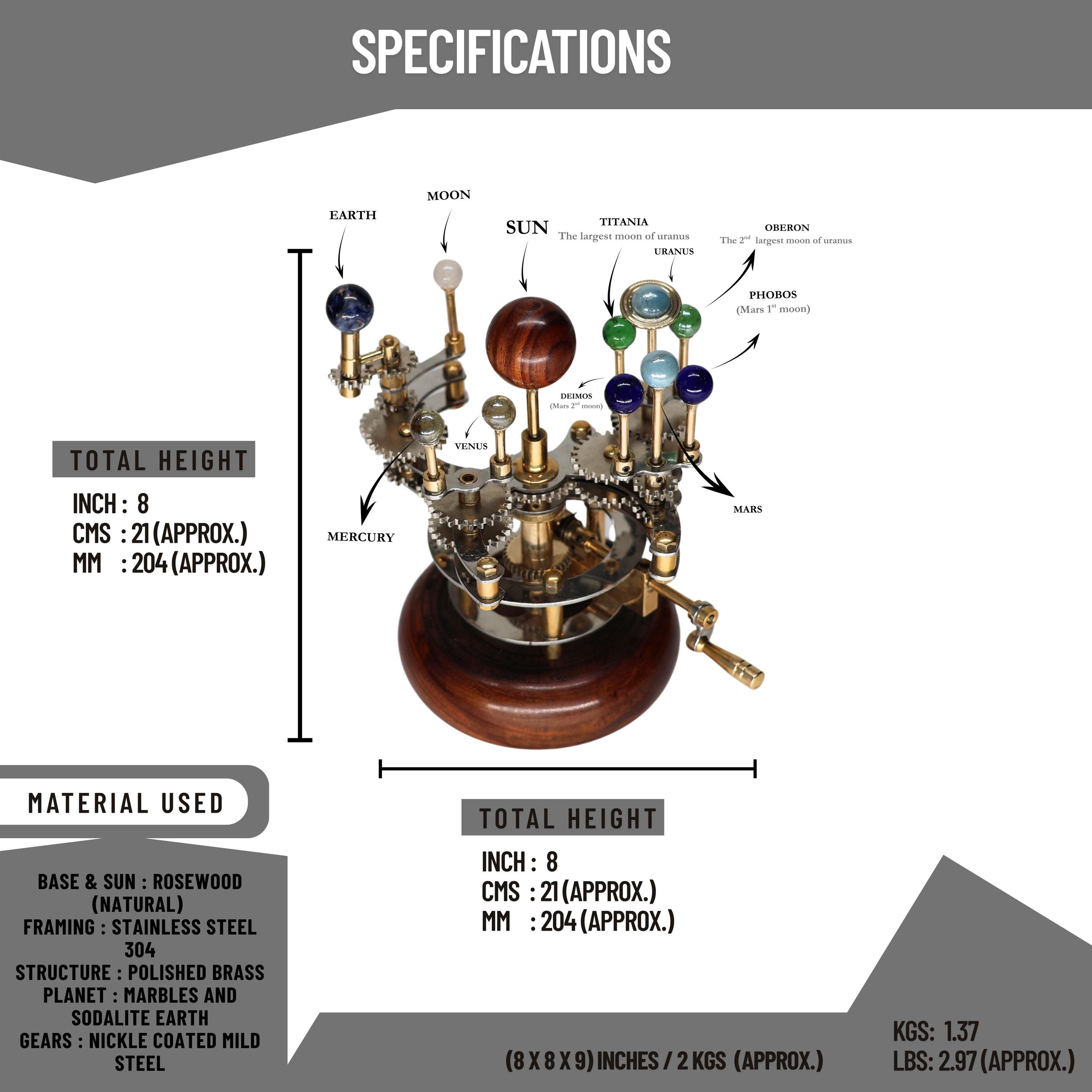 Brass Solar System Orrery, Teakwood Base view 3