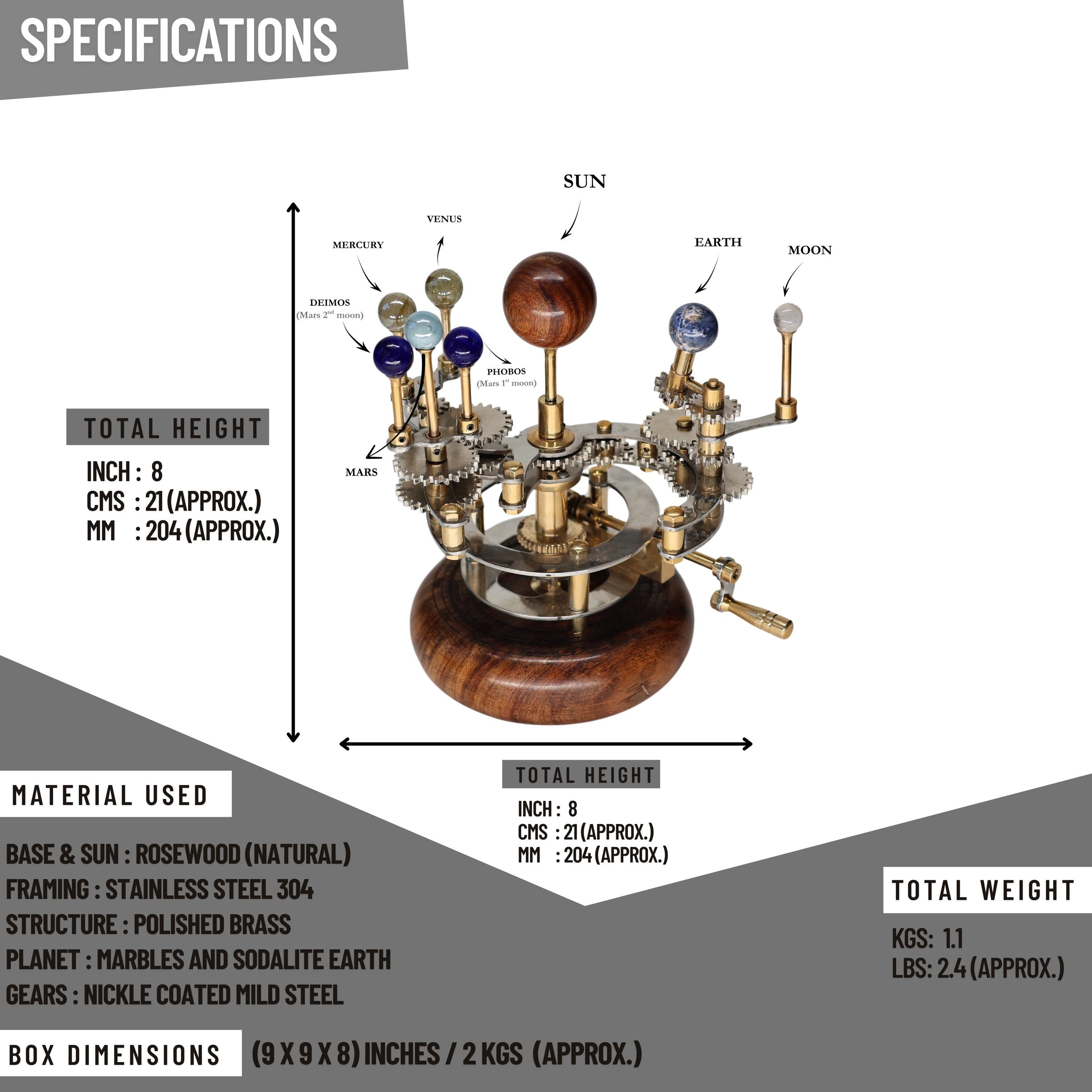Brass Solar System Orrery, Rosewood Base view 4