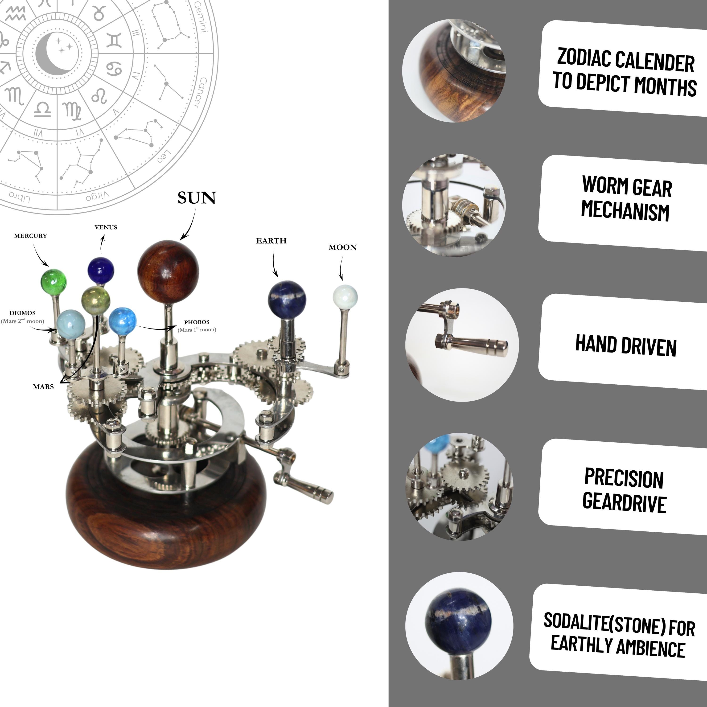 Brass Orrery with Glass Marble Planets, Oval Base view 2