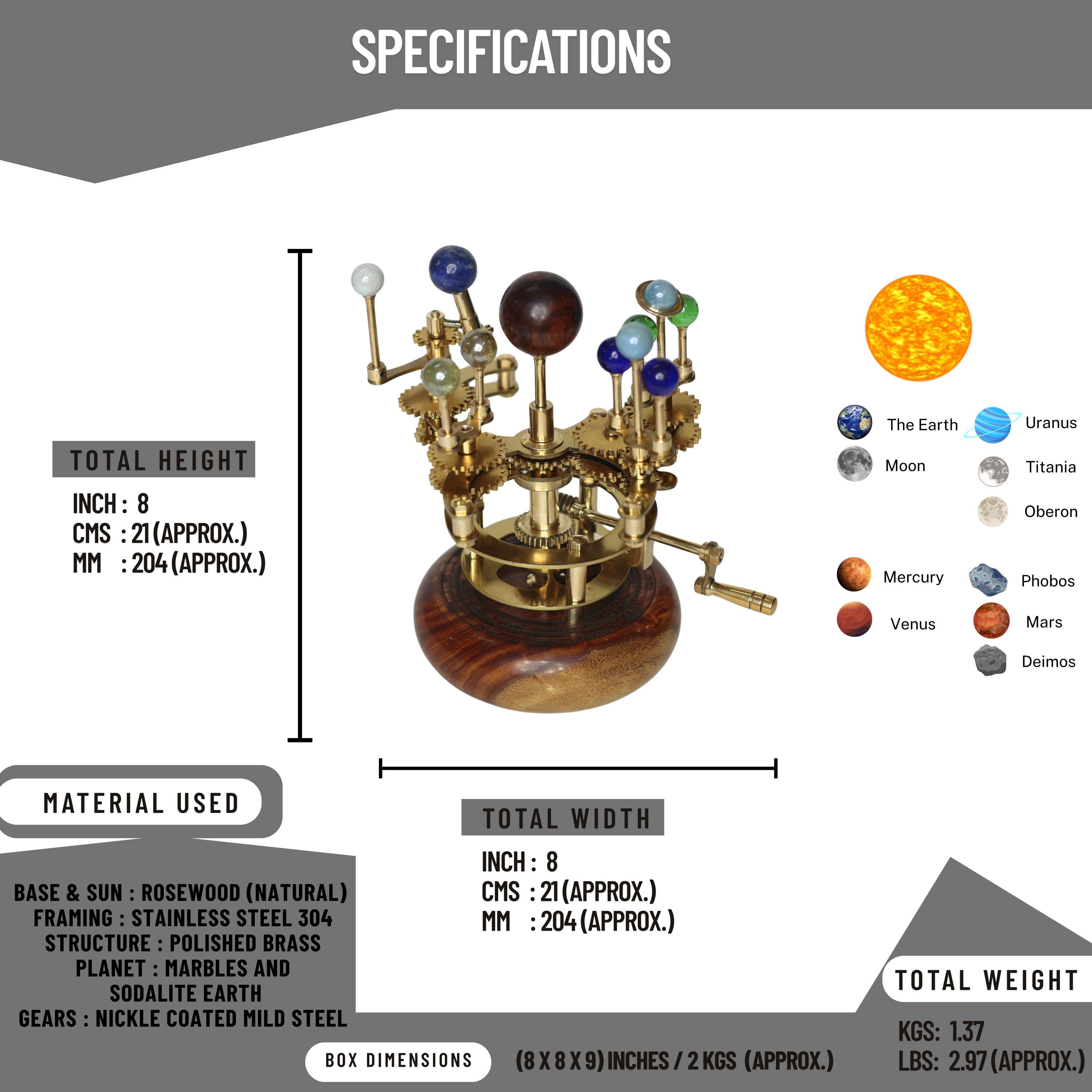 Gold-Finish Brass Orrery, Full Solar System view 4