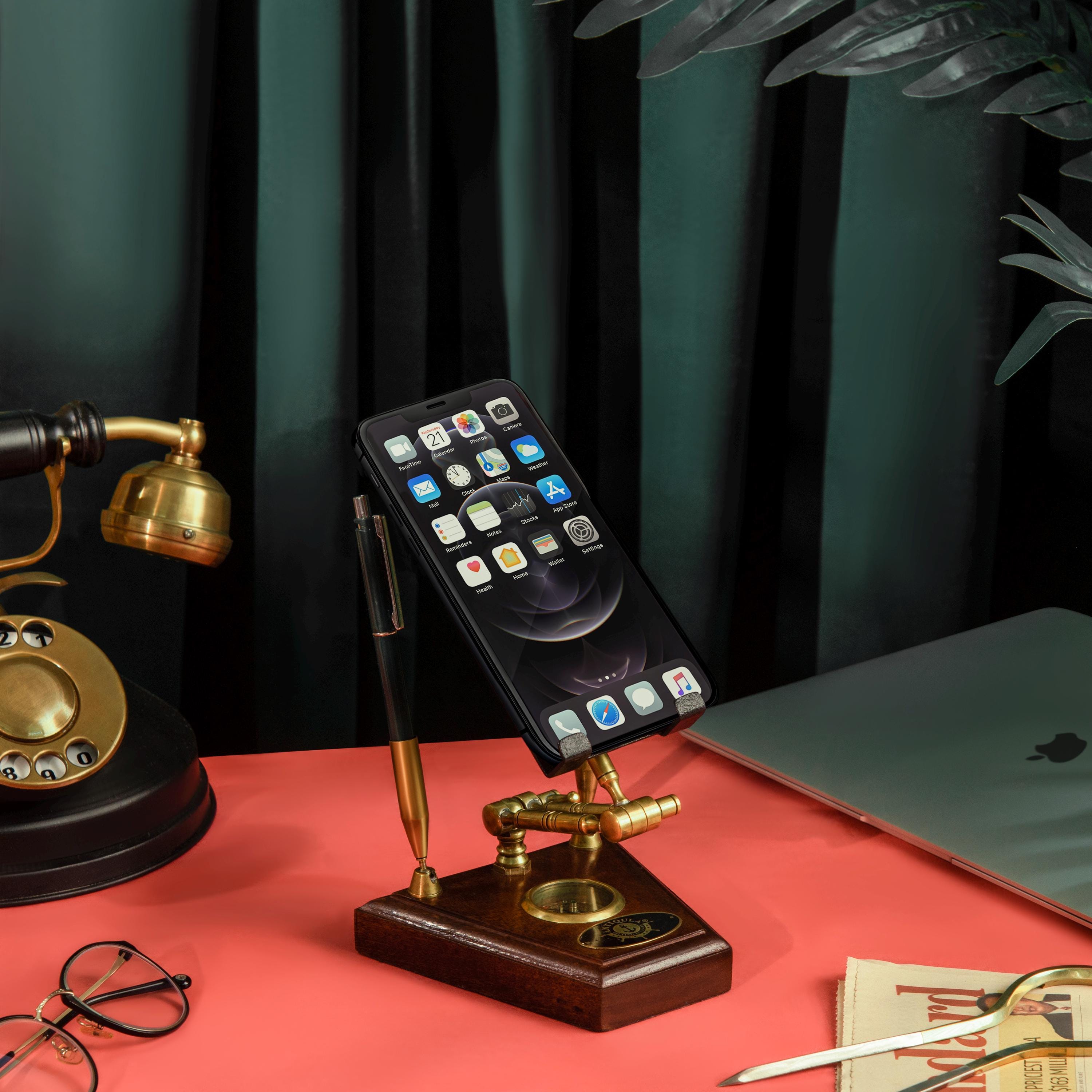 Brass & Wood Mobile Stand with Compass view 5