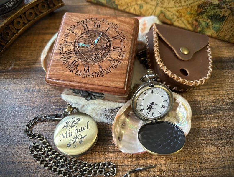 Brass Pocket Watch — Push-Button Lid & Wooden Box IV view 4