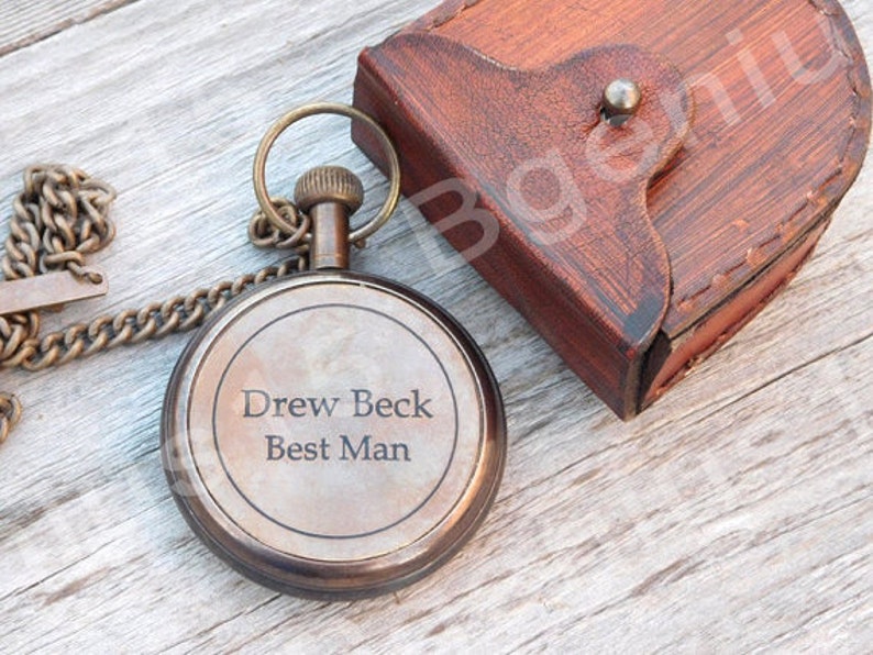 Brass Pocket Watch — Leather Case & Chain view 4