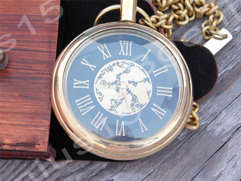 Gold-Tone Pocket Watch — Leather Case & Chain view 3