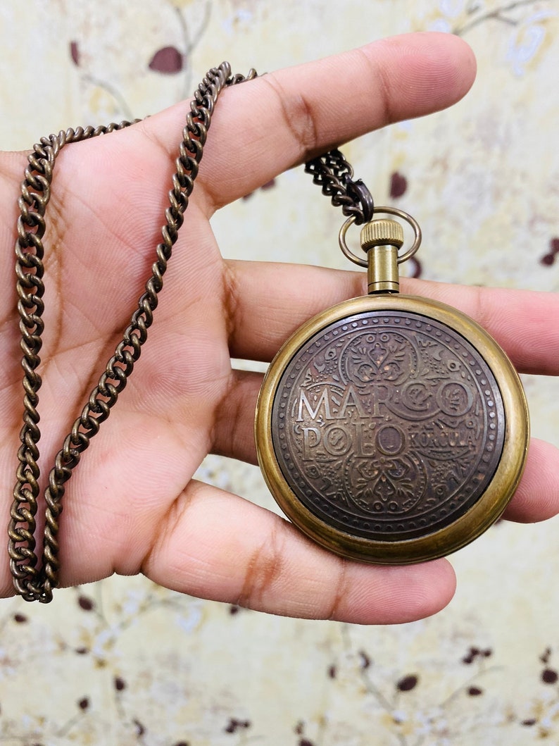 Brass Pocket Watch — Marco Polo Engraving view 2