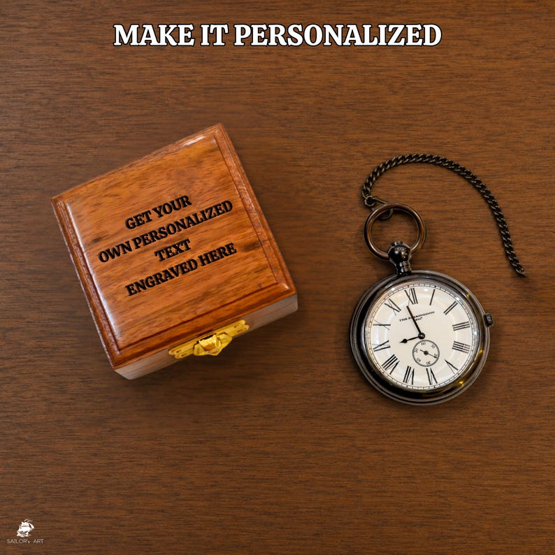 Brass Pocket Watch with Chain and Wooden Box view 4