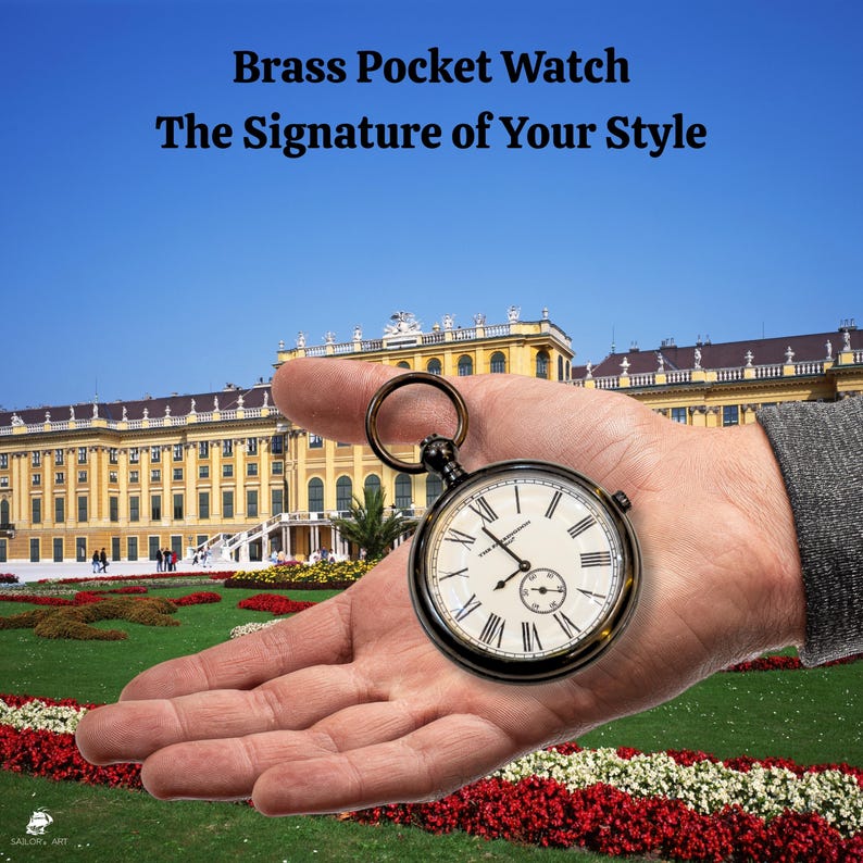 Brass Pocket Watch with Chain and Wooden Box view 5