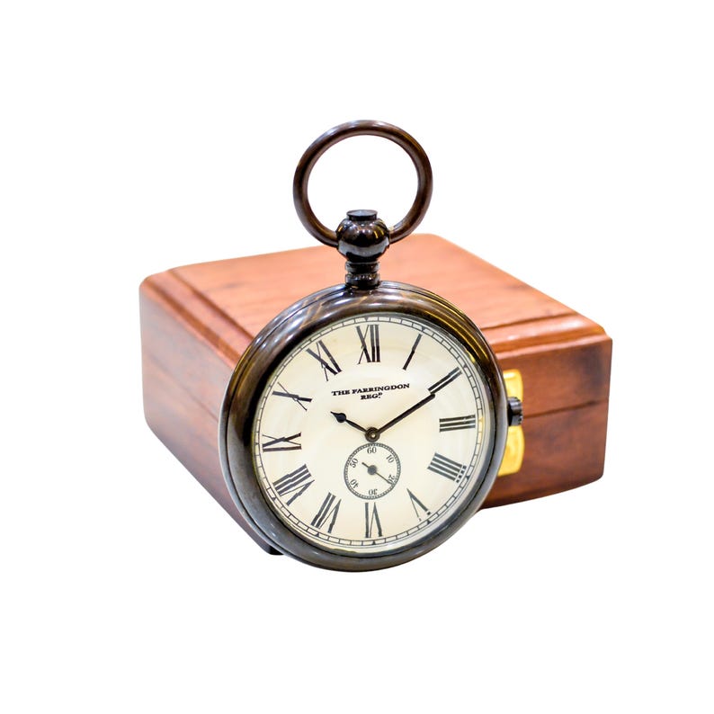 Brass Pocket Watch with Chain and Wooden Box view 10