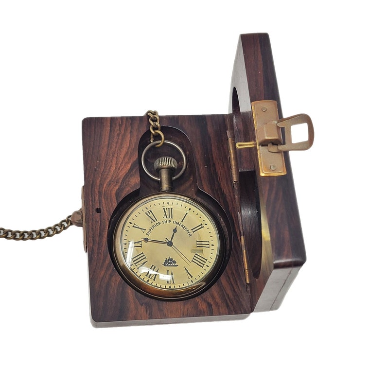 Brass Pocket Watch — Wooden Box & Chain view 10
