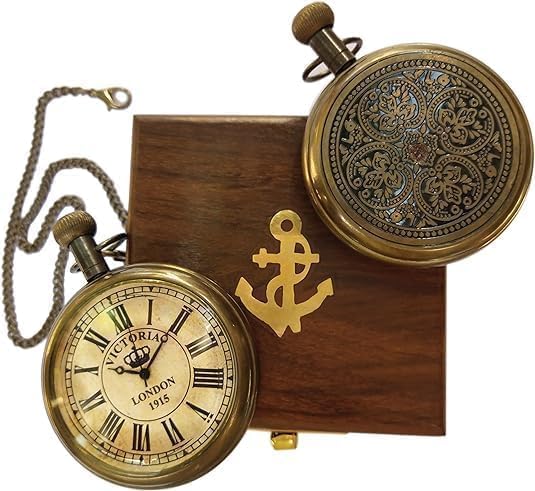 Brass Pocket Watch — Embossed Back & Wooden Box view 3