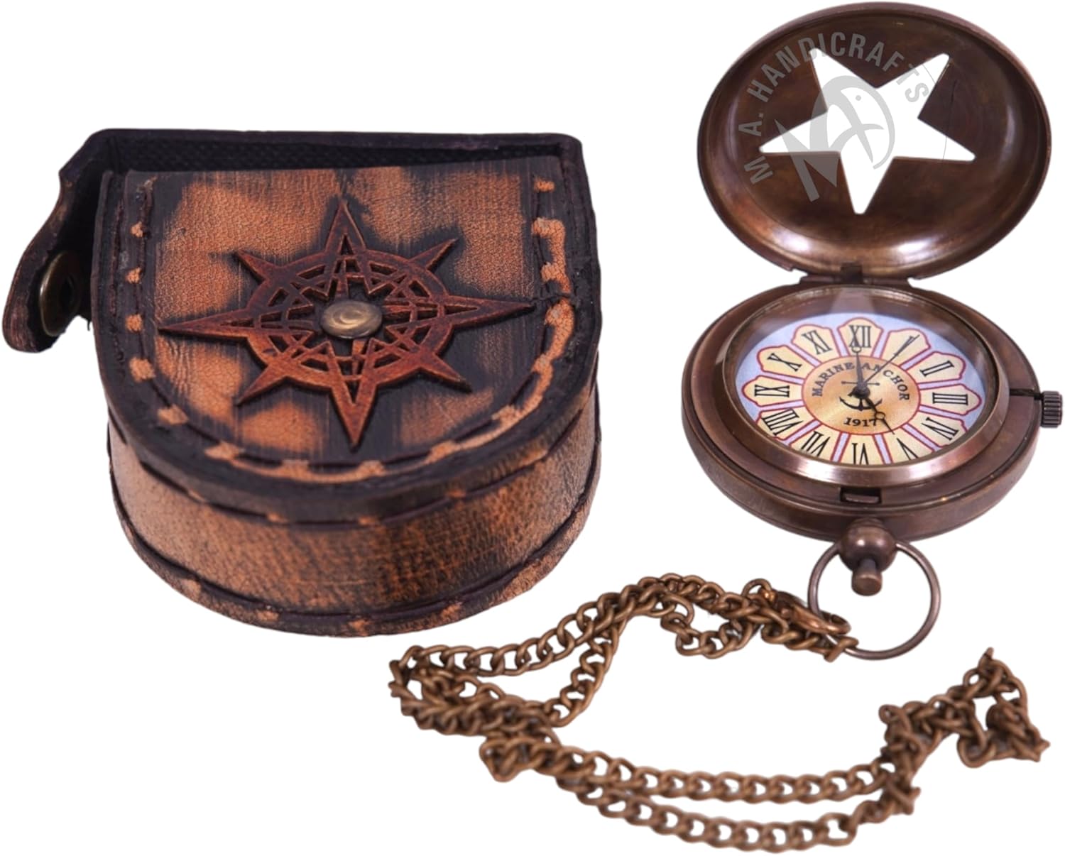 Brass Pocket Watch — Push-Button Leather Case view 3