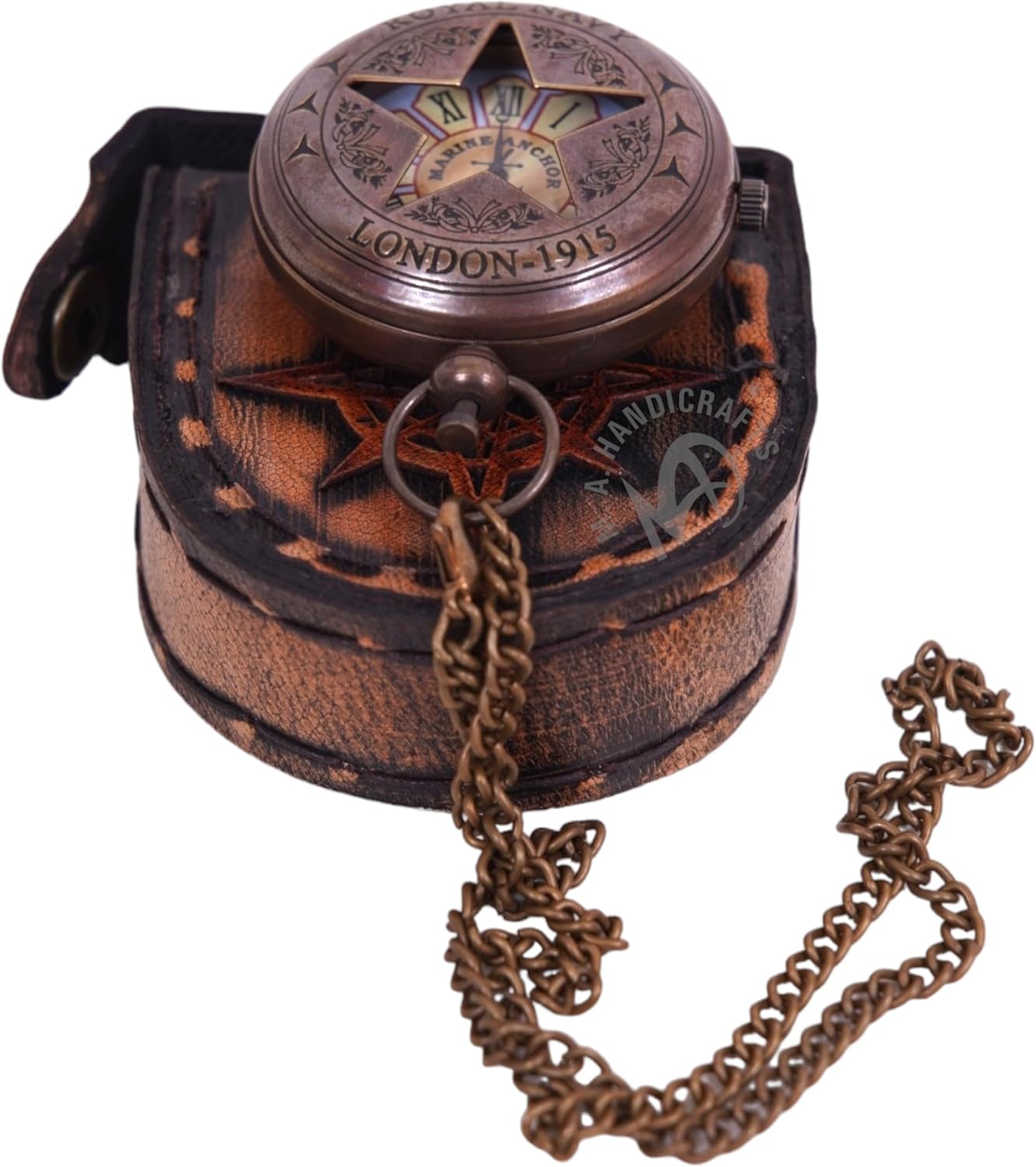 Brass Pocket Watch — Push-Button Leather Case view 6