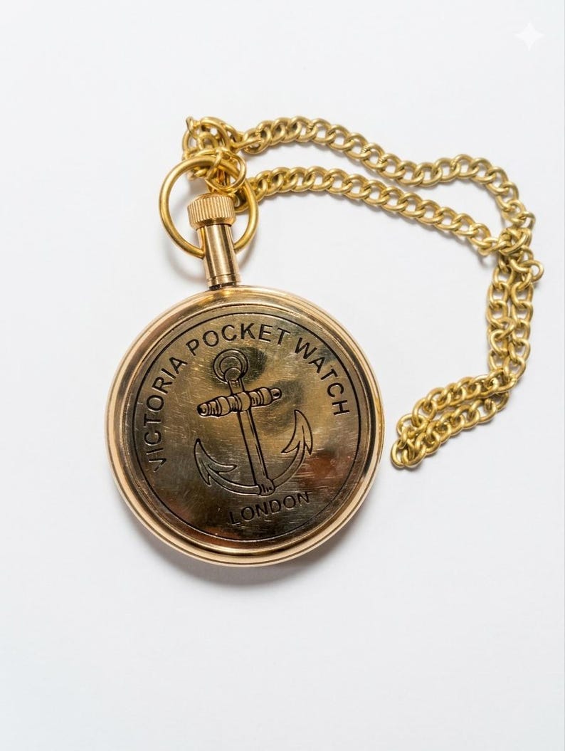 Brass Pocket Watch — Victoria Engraving with Chain view 6