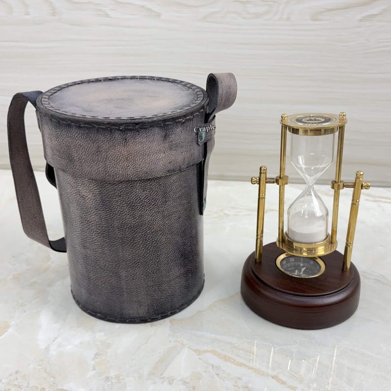 Rotating Brass Hourglass with Wooden Base and Compass, 2-Minute, White Sand view 3