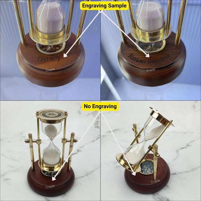 Rotating Brass Hourglass with Wooden Base and Compass, 2-Minute, White Sand view 7