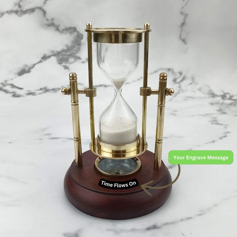 Rotating Brass Hourglass with Wooden Base and Compass, 2-Minute, White Sand view 9