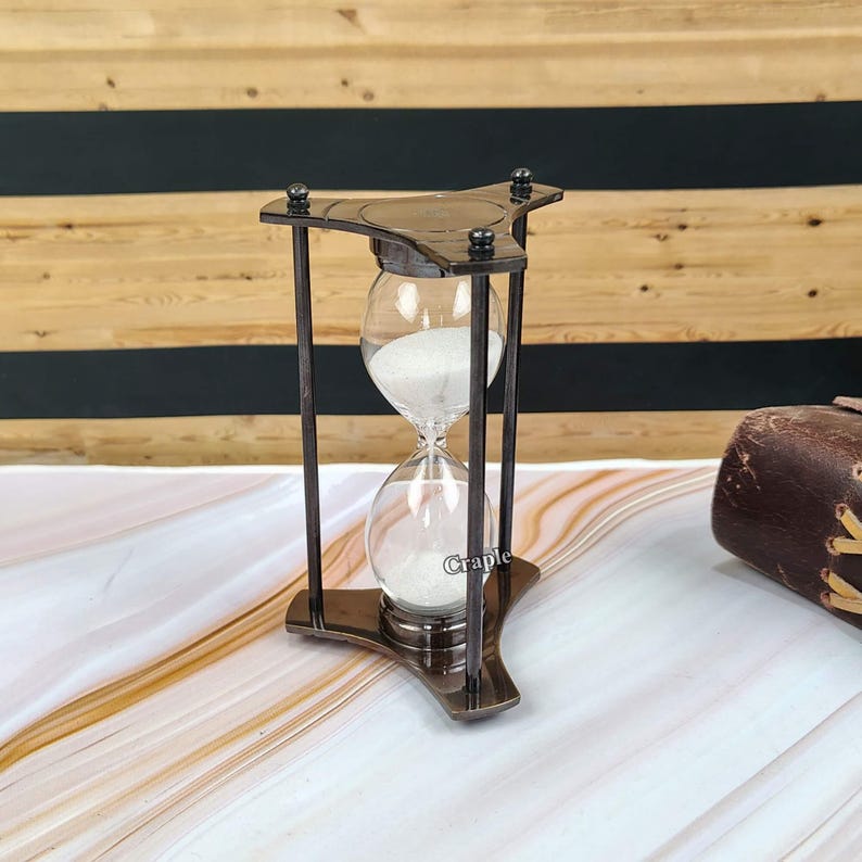 Black Antique Brass Hourglass, 2-Minute, White Sand view 7