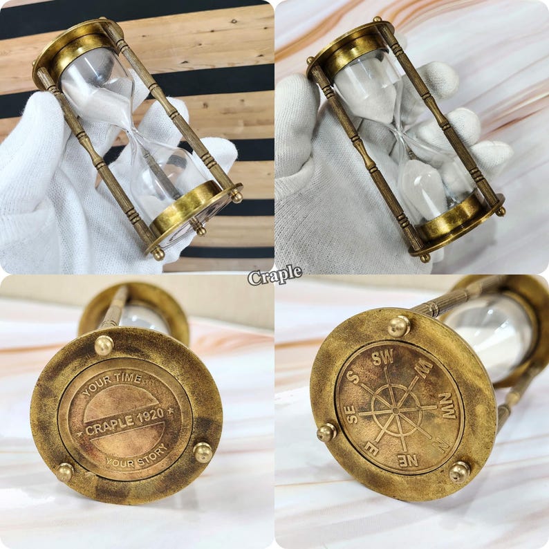 Antique Brass Hourglass with Wood Base, 3-Minute, White Sand view 4
