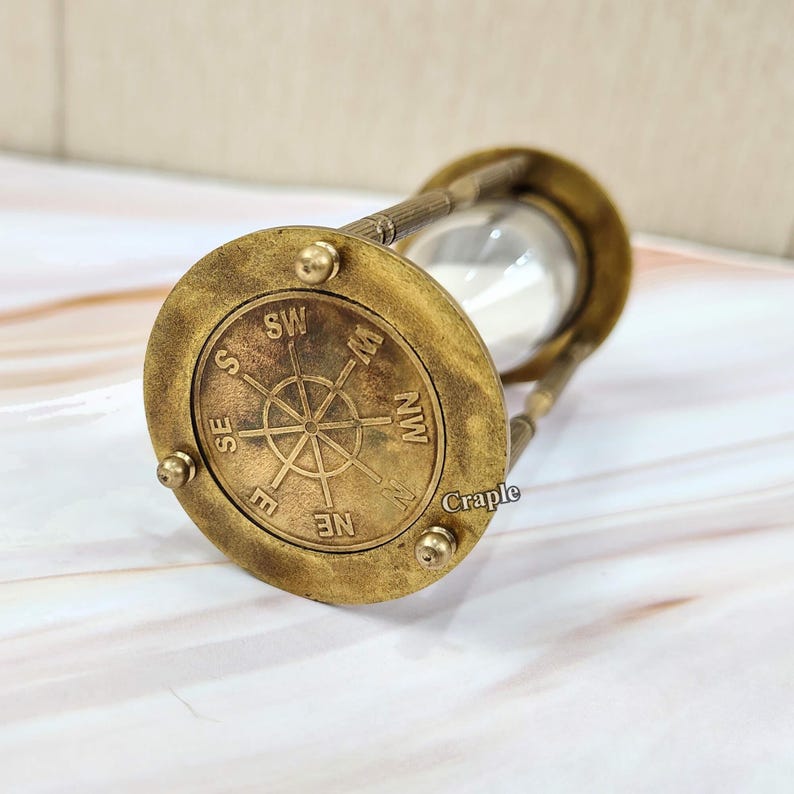 Antique Brass Hourglass with Wood Base, 3-Minute, White Sand view 6