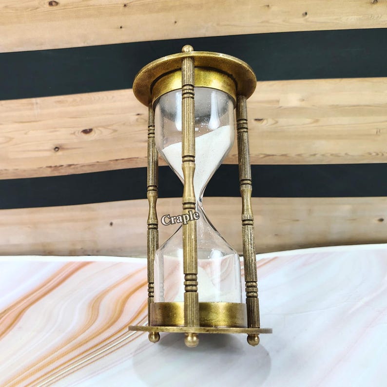 Antique Brass Hourglass with Wood Base, 3-Minute, White Sand view 8