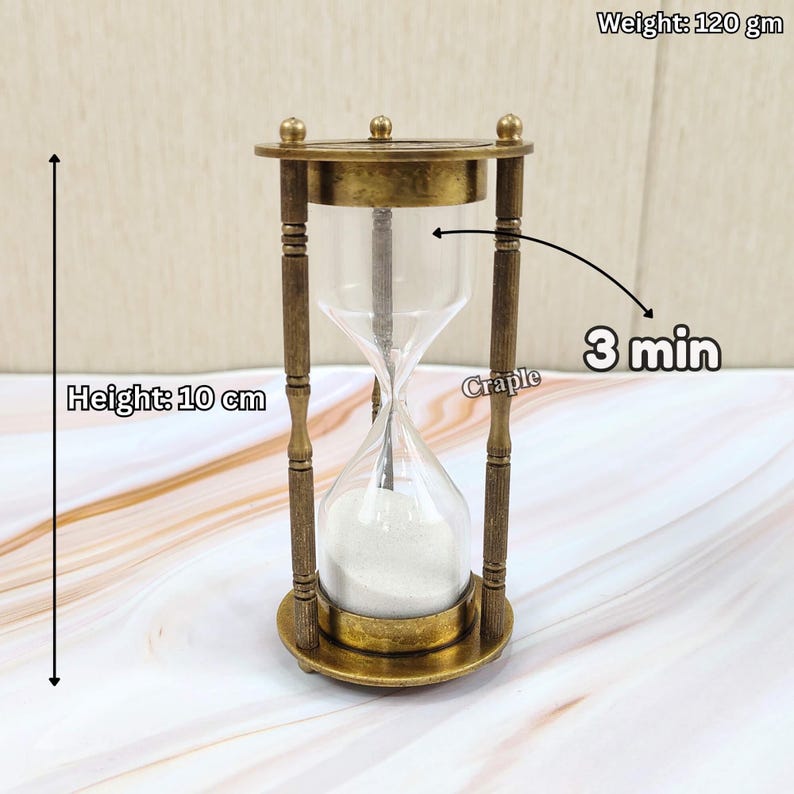 Antique Brass Hourglass with Wood Base, 3-Minute, White Sand view 9