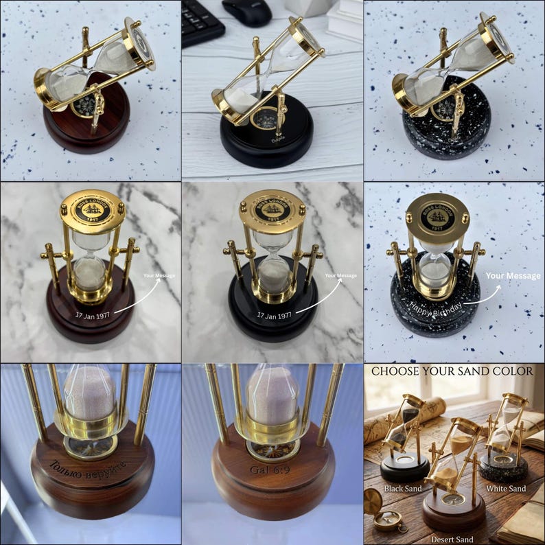 Rotating Brass Hourglass with Compass Base, 3-Minute view 4