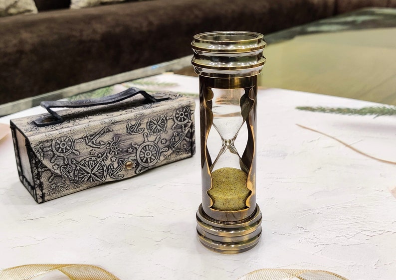 Brass Hourglass with Compass and Leather Case, 3-Minute view 2
