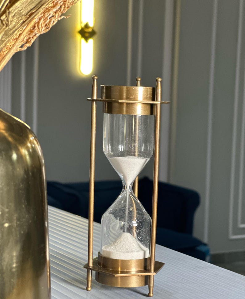 Antique Brass Hourglass, 5-Minute, White Sand view 3
