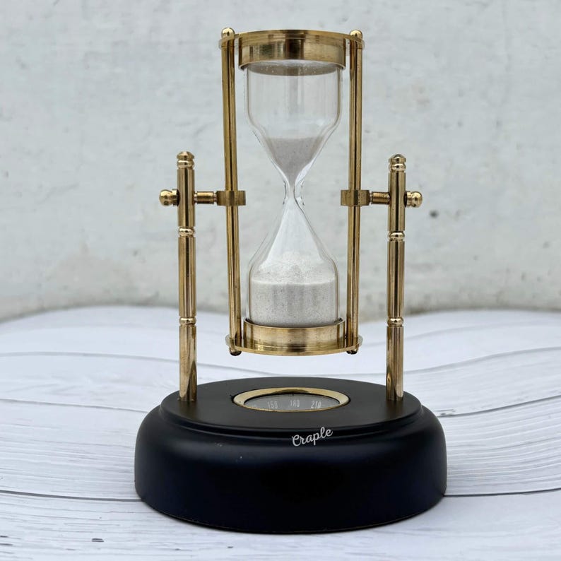Rotating Brass Hourglass with Black Wooden Base and Compass, 3-Minute, White Sand view 2