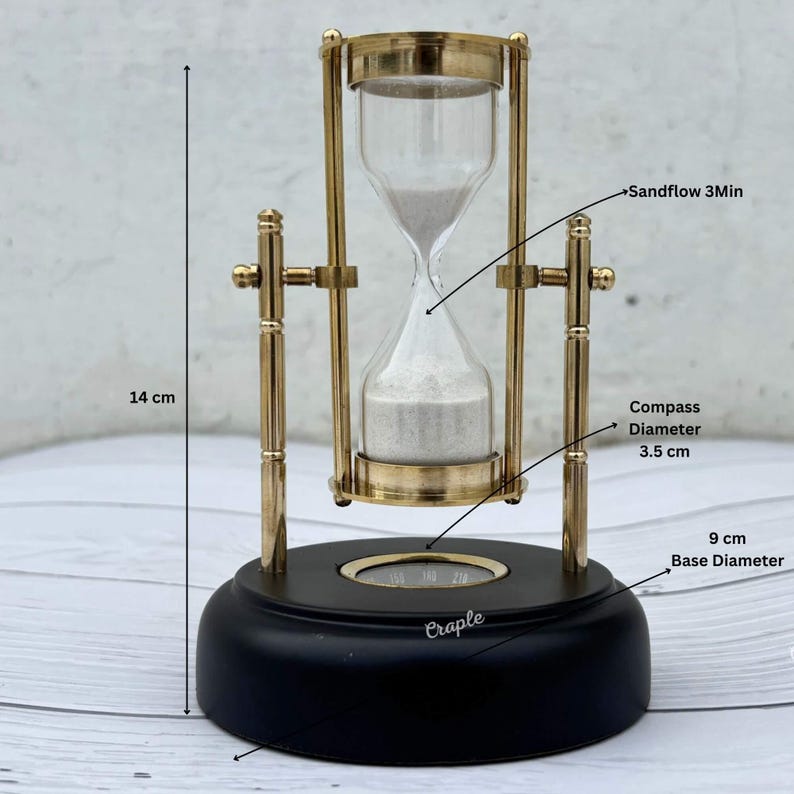 Rotating Brass Hourglass with Black Wooden Base and Compass, 3-Minute, White Sand view 4