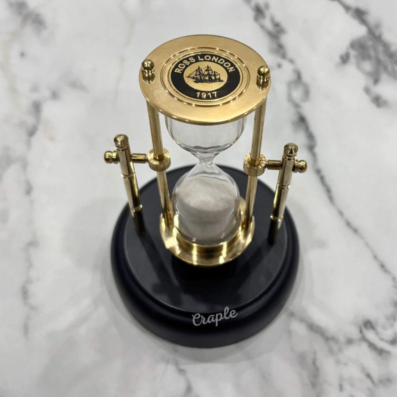 Rotating Brass Hourglass with Black Wooden Base and Compass, 3-Minute, White Sand view 7
