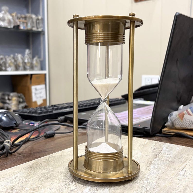 Antique Brass Hourglass, 3-Minute, White Sand view 3