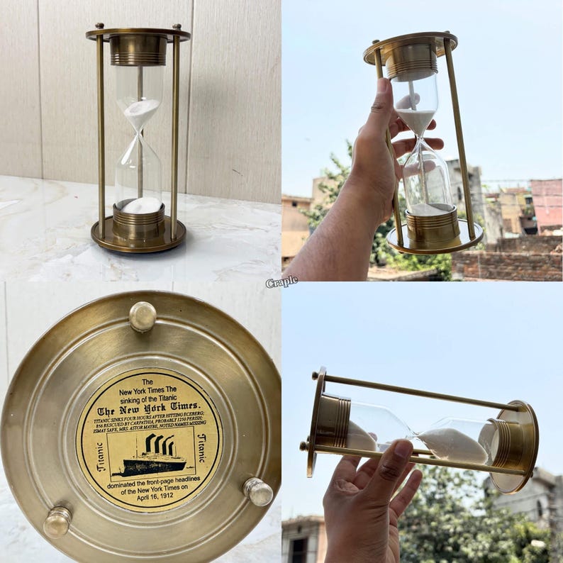 Antique Brass Hourglass, 3-Minute, White Sand view 6