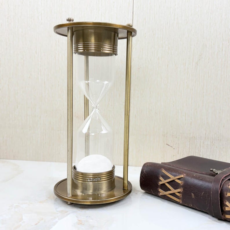 Antique Brass Hourglass, 3-Minute, White Sand view 11