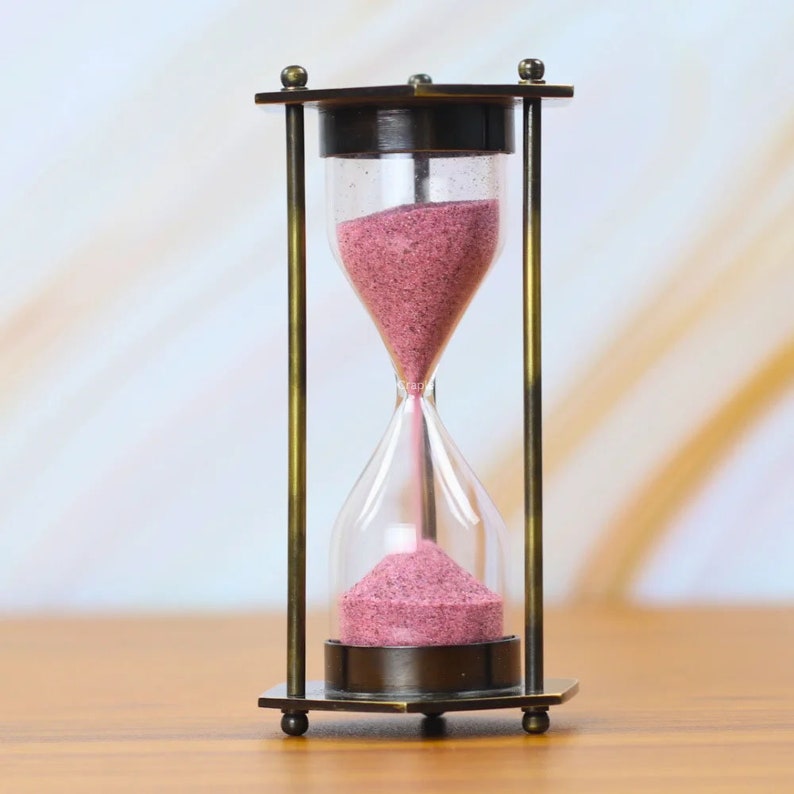 Antique Brass Hourglass, 3-Minute, Pink Sand view 2