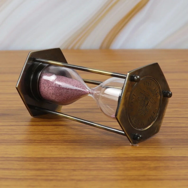 Antique Brass Hourglass, 3-Minute, Pink Sand view 5