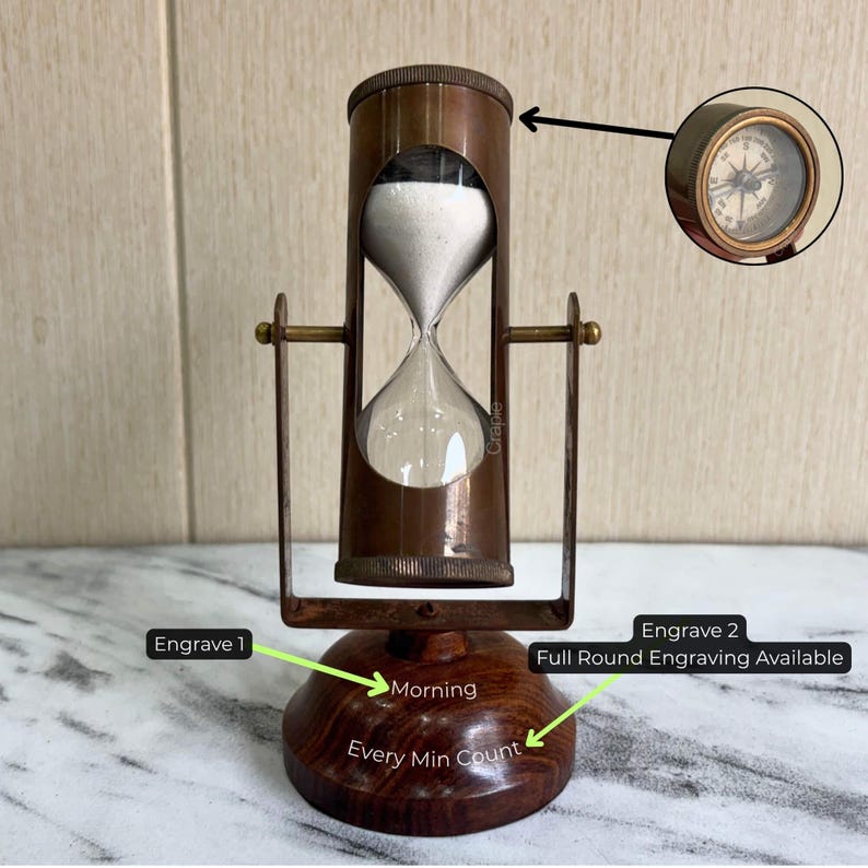 Antique Brass Hourglass with Dual Compasses and Wood Base, 3-Minute view 2
