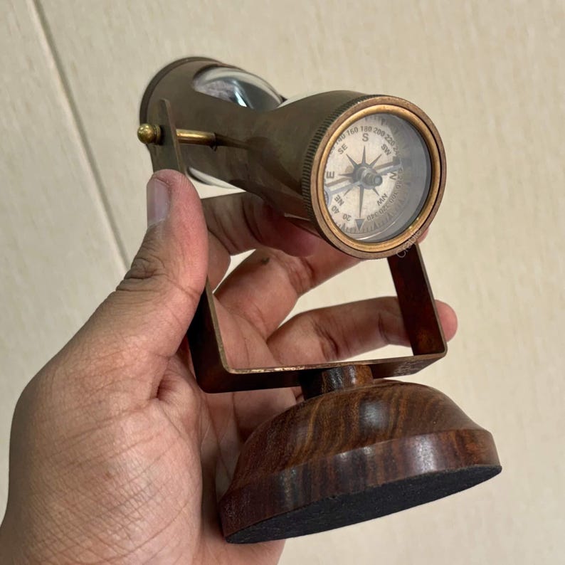 Antique Brass Hourglass with Dual Compasses and Wood Base, 3-Minute view 3