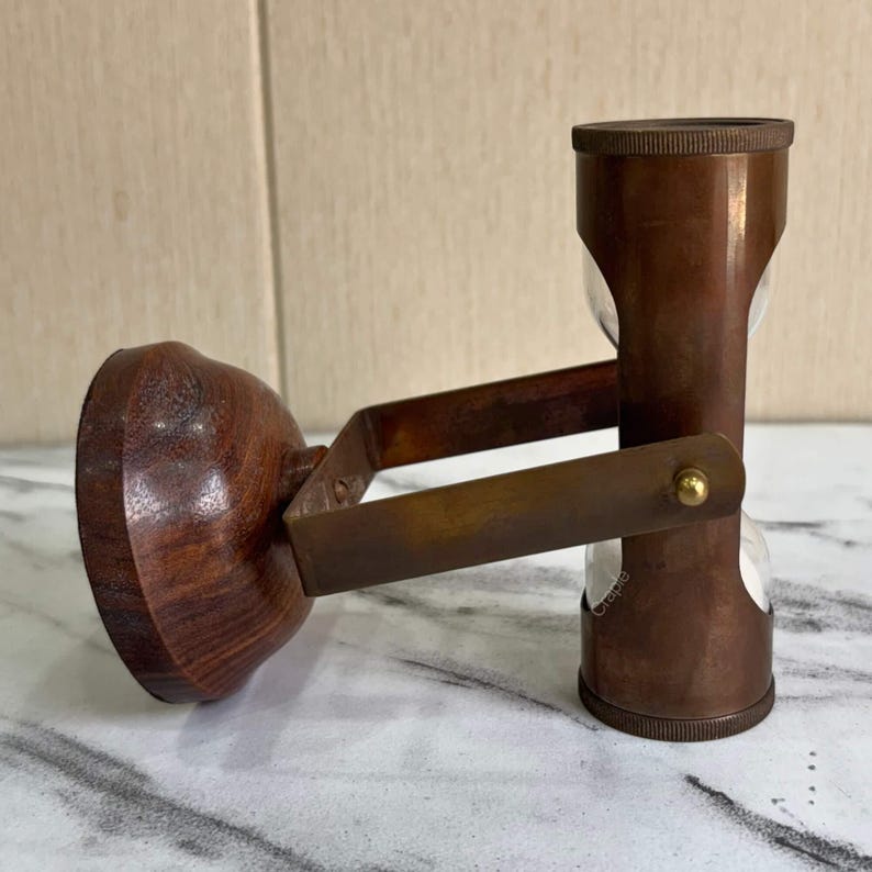 Antique Brass Hourglass with Dual Compasses and Wood Base, 3-Minute view 6