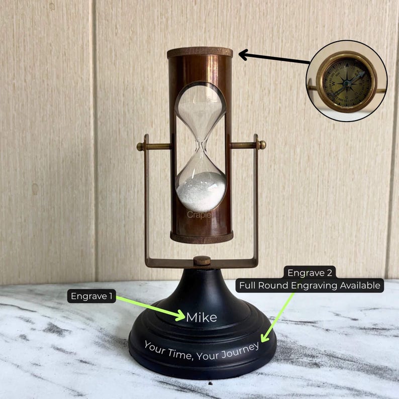 Antique Brass Hourglass with Dual Compasses and Black Wood Base, 3-Minute view 3