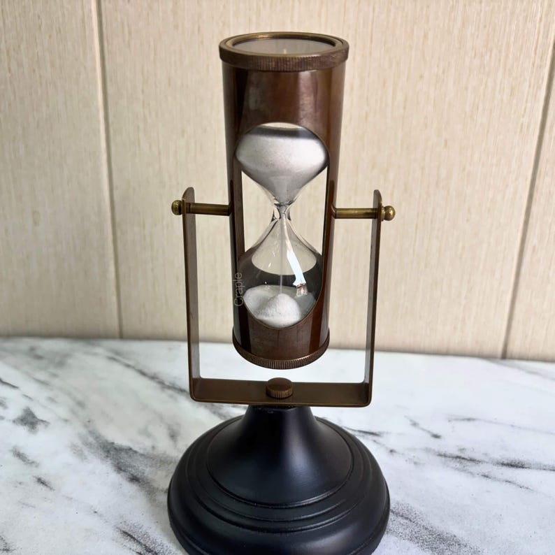 Antique Brass Hourglass with Dual Compasses and Black Wood Base, 3-Minute view 7
