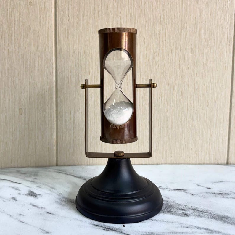 Antique Brass Hourglass with Dual Compasses and Black Wood Base, 3-Minute view 12