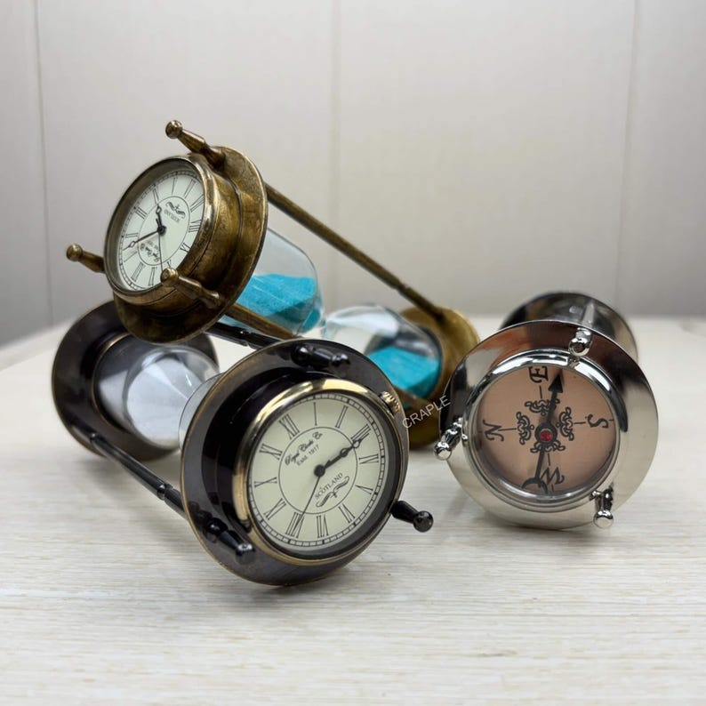 3-in-1 Brass Hourglass with Clock and Compass, 3-Minute view 2