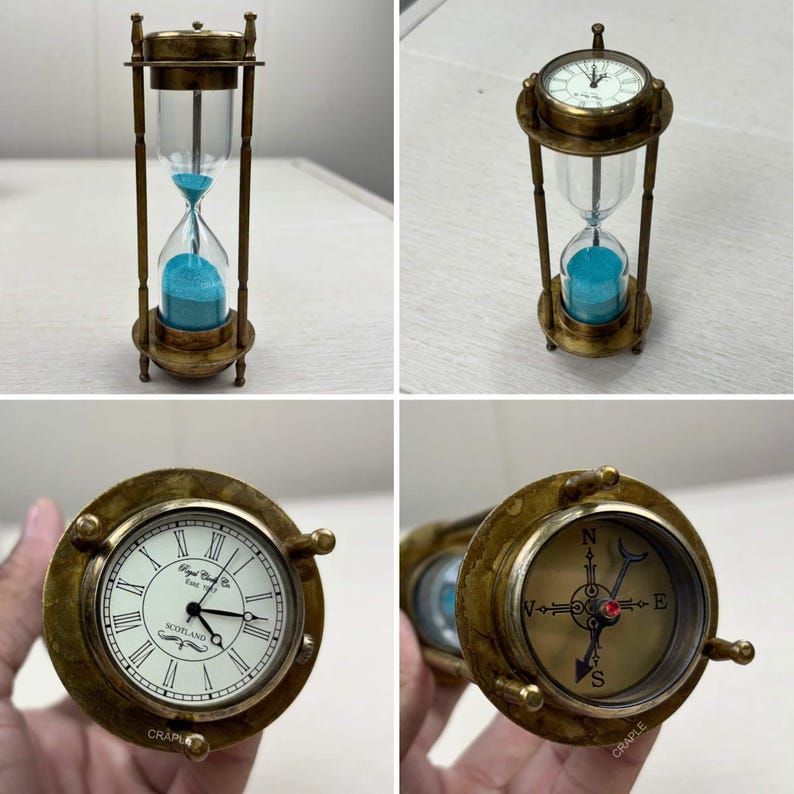 3-in-1 Brass Hourglass with Clock and Compass, 3-Minute view 4