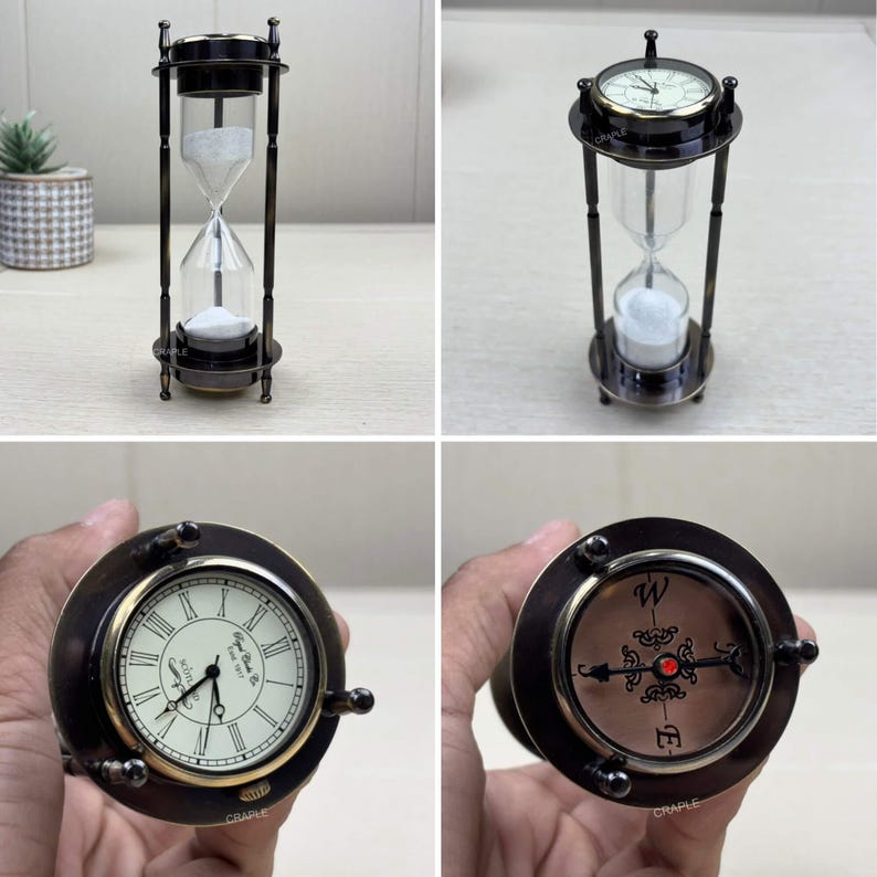 3-in-1 Brass Hourglass with Clock and Compass, 3-Minute view 8
