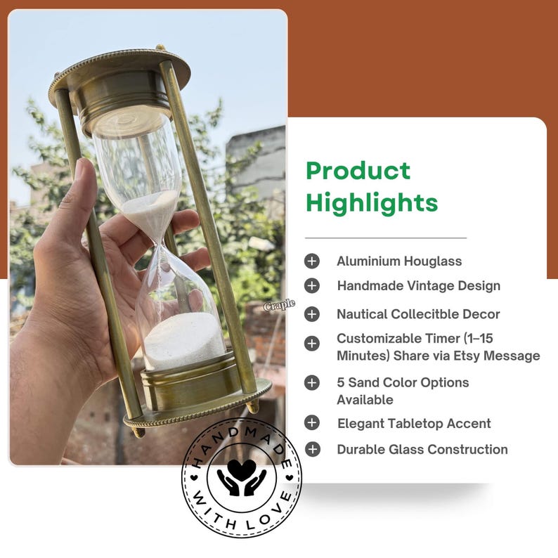 Antique Brass Hourglass, 5-Minute, White Sand view 9