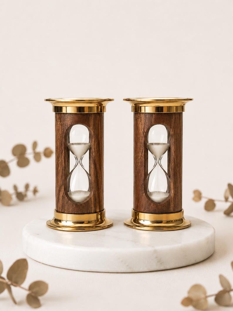 Wood and Brass Hourglass, 1-Minute, Engraved Detail view 2