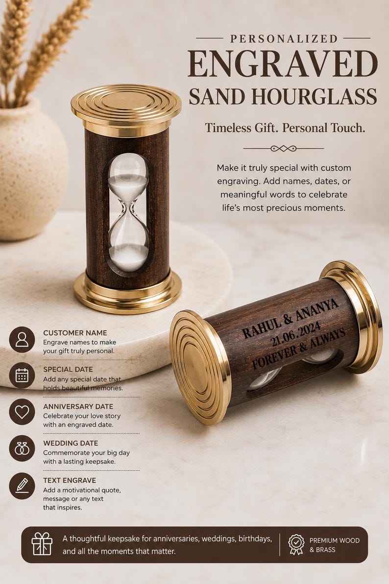 Wood and Brass Hourglass, 1-Minute, Engraved Detail view 7