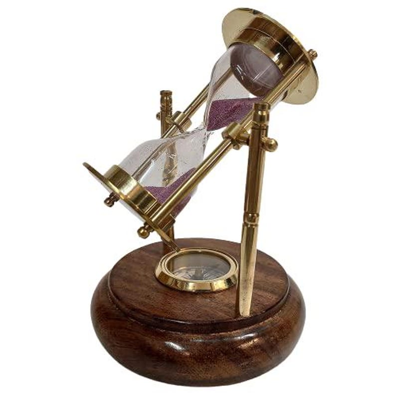Rotating Brass Hourglass with Wooden Base and Compass, 2-Minute, Pink Sand view 2