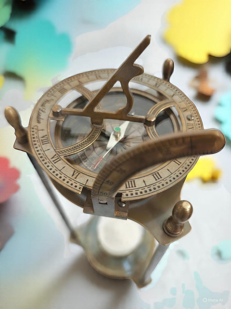 Brass Hourglass with Sundial and Compass Top, 5-Minute, Nautical view 7